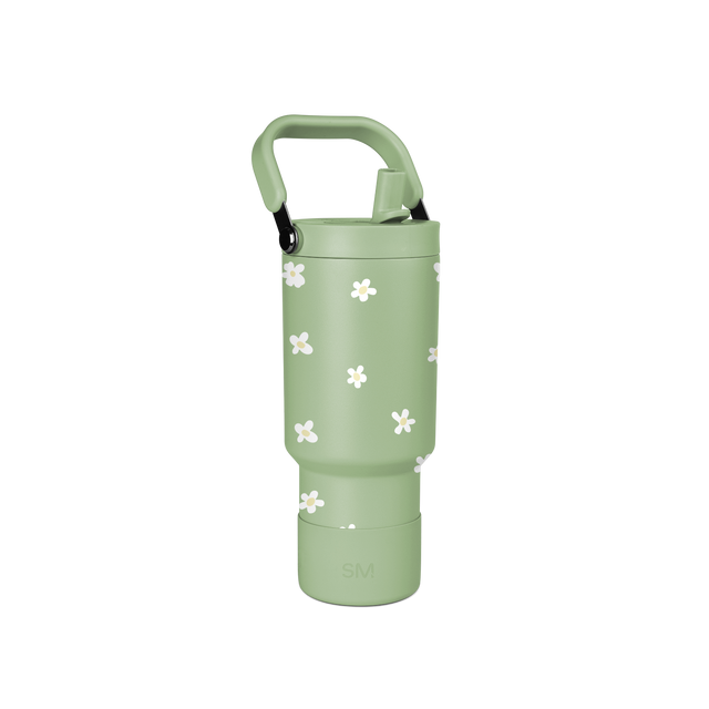Soft sage green water bottle with small white four-petal flower pattern design throughout Soft sage green water bottle with small white four-petal flower pattern design throughout