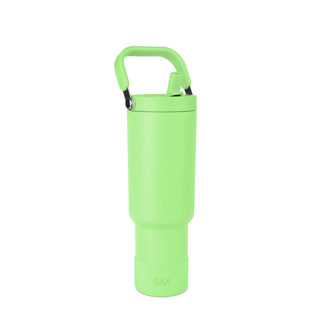 Bright lime green water bottle with black accents, curved design, full body view Bright lime green water bottle with black accents, curved design, full body view