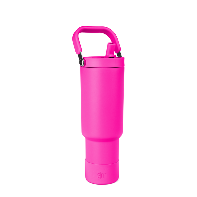 Hot pink insulated bottle carrier with modern design, front view showing the carrier's shape and structure for holding beverages. Hot pink insulated bottle carrier with modern design, front view showing the carrier's shape and structure for holding beverages.