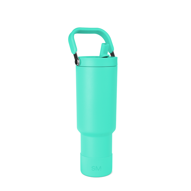 Turquoise insulated water bottle with cylindrical body and matching cap on white background Turquoise insulated water bottle with cylindrical body and matching cap on white background