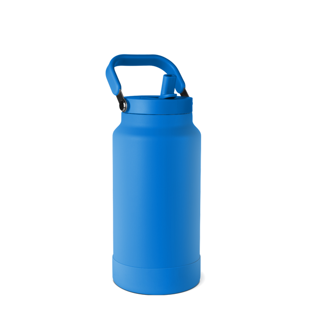 Vibrant blue water bottle with black hardware shown against a white background. Vibrant blue water bottle with black hardware shown against a white background.