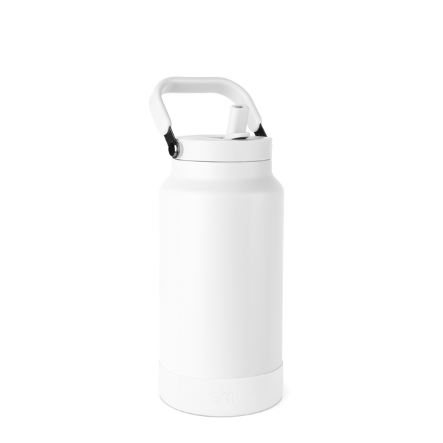 White matte water bottle with gray-accented handle, lid, and base, front view on white background White matte water bottle with gray-accented handle, lid, and base, front view on white background