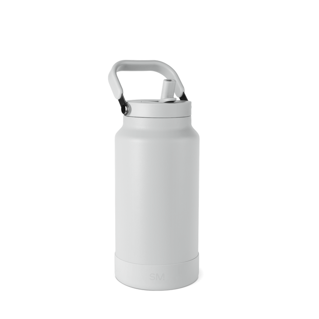 White insulated water bottle with cylindrical body, wider base, and matching white lid on neutral background White insulated water bottle with cylindrical body, wider base, and matching white lid on neutral background