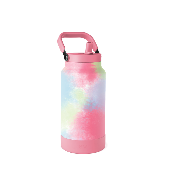 Pastel tie-dye insulated water bottle with soft pink, yellow, blue, and lavender pattern on white background Pastel tie-dye insulated water bottle with soft pink, yellow, blue, and lavender pattern on white background
