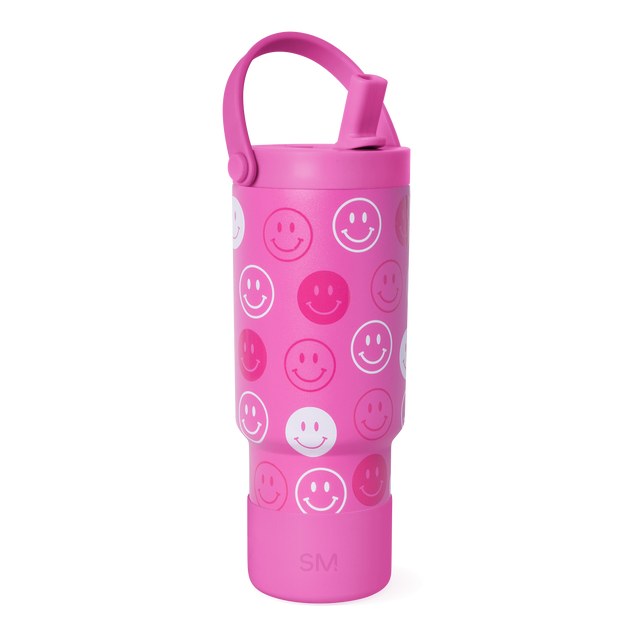 Hot pink water bottle with white smiley face design and lighter pink accents Hot pink water bottle with white smiley face design and lighter pink accents