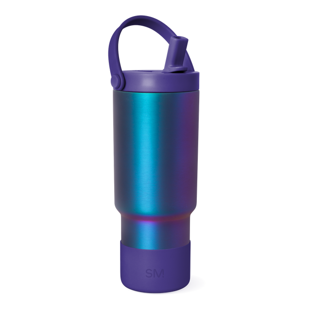 Iridescent water bottle with color-shifting finish transitioning from deep purple to cyan blue and teal across the cylindrical body. Iridescent water bottle with color-shifting finish transitioning from deep purple to cyan blue and teal across the cylindrical body.