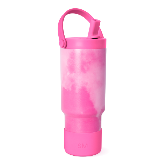 Hot pink and magenta water bottle with white accents and lighter pink upper portion Hot pink and magenta water bottle with white accents and lighter pink upper portion