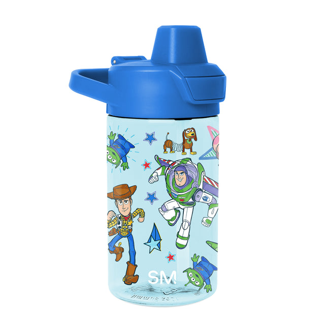 Water bottle with bright blue lid and handle on pale aqua body with multiple accent colors Water bottle with bright blue lid and handle on pale aqua body with multiple accent colors