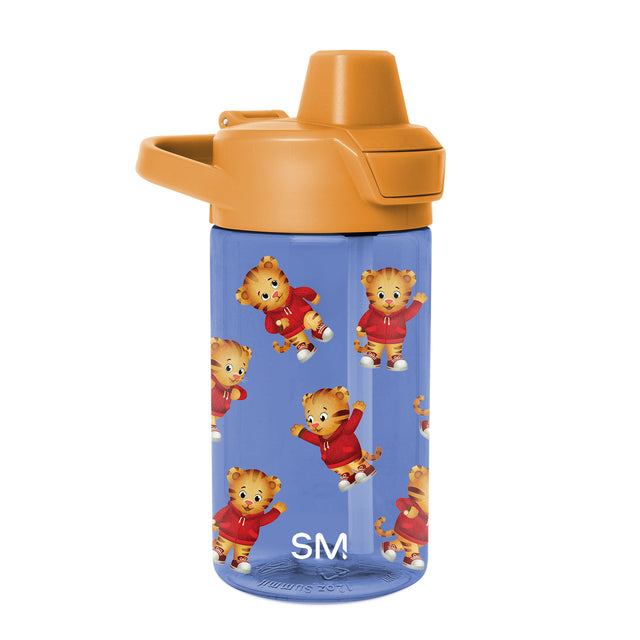 Periwinkle blue water bottle with golden orange cap and spout on white background Periwinkle blue water bottle with golden orange cap and spout on white background