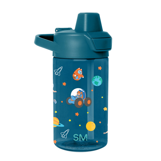 Teal water bottle with bright orange and yellow illustrated pattern accents Teal water bottle with bright orange and yellow illustrated pattern accents