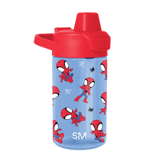 Bright periwinkle blue water bottle with red lid and spout, decorated with Spider-Man characters Bright periwinkle blue water bottle with red lid and spout, decorated with Spider-Man characters