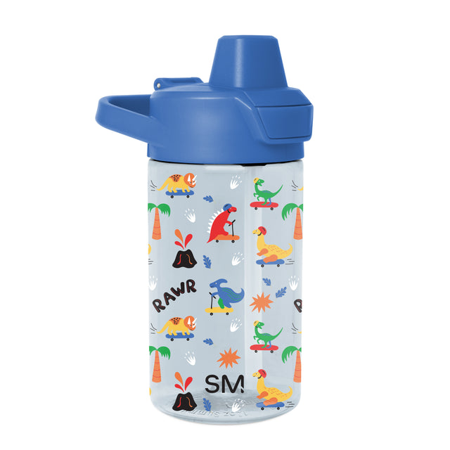 Clear plastic kids water bottle with bright blue push-button spout lid and matching blue carry loop handle on white background Clear plastic kids water bottle with bright blue push-button spout lid and matching blue carry loop handle on white background