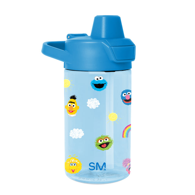 Light blue water bottle with matching lid, handle loop, and drinking spout with cap, centered on white background. Light blue water bottle with matching lid, handle loop, and drinking spout with cap, centered on white background.