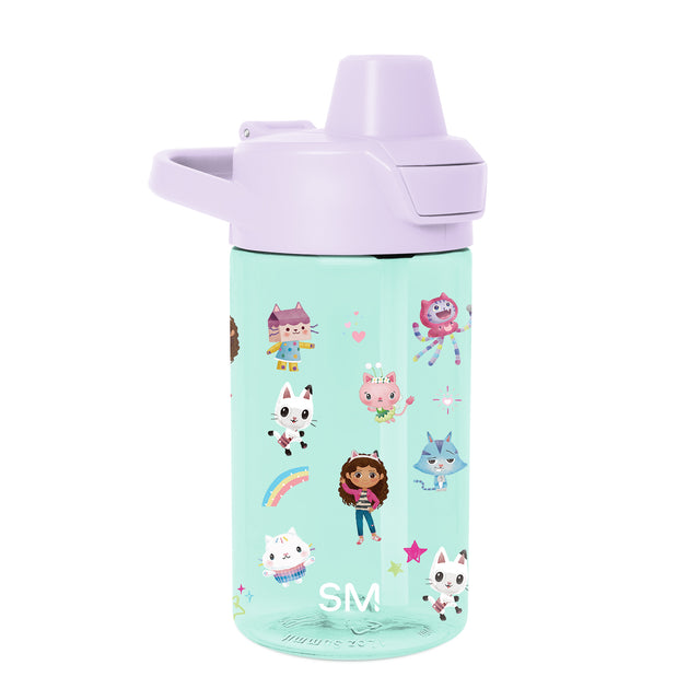 Mint green water bottle with lavender lid and spout, featuring white illustrated design accents Mint green water bottle with lavender lid and spout, featuring white illustrated design accents
