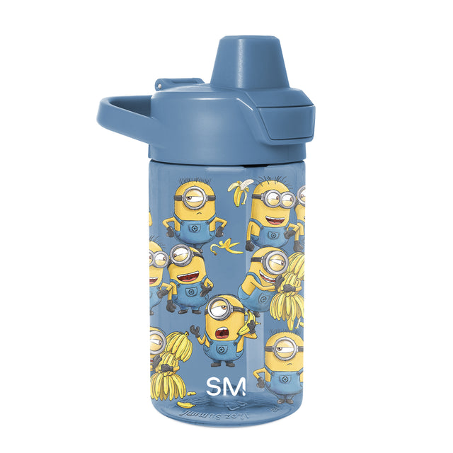 Cornflower blue water bottle with yellow graphic designs featuring illustrated bananas and matching blue cap and carrying handle. Cornflower blue water bottle with yellow graphic designs featuring illustrated bananas and matching blue cap and carrying handle.
