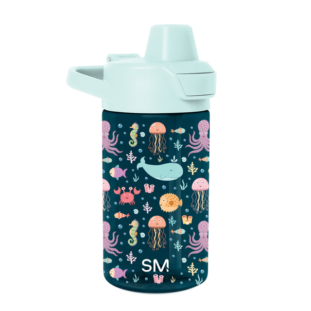 Deep teal water bottle with light mint green cap and spout assembly, featuring graphic design on body Deep teal water bottle with light mint green cap and spout assembly, featuring graphic design on body