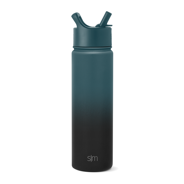 Teal-to-black ombre water bottle with gradient transitioning from muted teal-blue at top to deep black at bottom, featuring teal cap and upper portion Teal-to-black ombre water bottle with gradient transitioning from muted teal-blue at top to deep black at bottom, featuring teal cap and upper portion