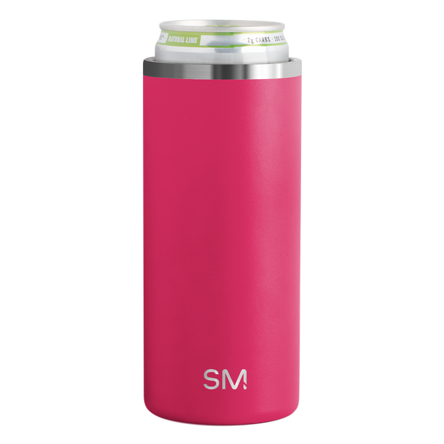 Hot pink cylindrical product with brushed stainless steel top and bottom accents Hot pink cylindrical product with brushed stainless steel top and bottom accents