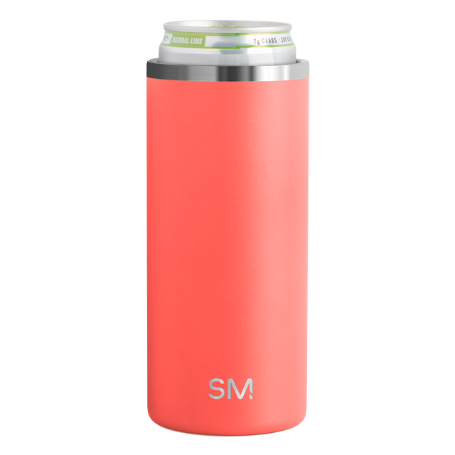 Coral-salmon pink can cooler with brushed stainless steel rim and band at top Coral-salmon pink can cooler with brushed stainless steel rim and band at top