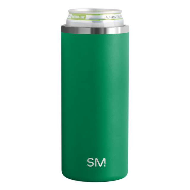 Emerald green stainless steel beverage insulator with brushed metallic bands at top and bottom, polished rim, centered on white background Emerald green stainless steel beverage insulator with brushed metallic bands at top and bottom, polished rim, centered on white background