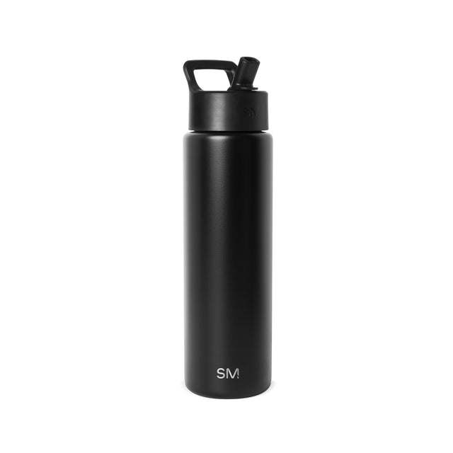 Black insulated water bottle with wide mouth opening, twist-cap lid, and carrying handle. Simple Modern logo visible on front. Studio product shot on white background. Black insulated water bottle with wide mouth opening, twist-cap lid, and carrying handle. Simple Modern logo visible on front. Studio product shot on white background.
