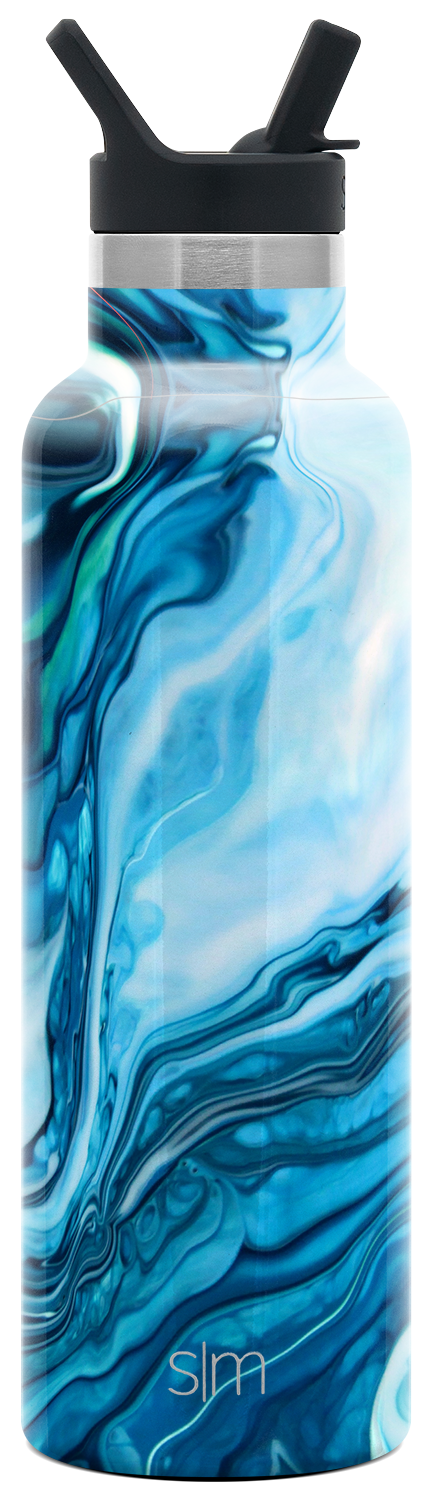 Blue geometric marble patterned water bottle with cyan, navy, and white design elements Blue geometric marble patterned water bottle with cyan, navy, and white design elements