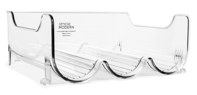 Clear glass bottle organizer with four black handles and three wavy dividers, Simple Modern branding, shown against white background. Clear glass bottle organizer with four black handles and three wavy dividers, Simple Modern branding, shown against white background.