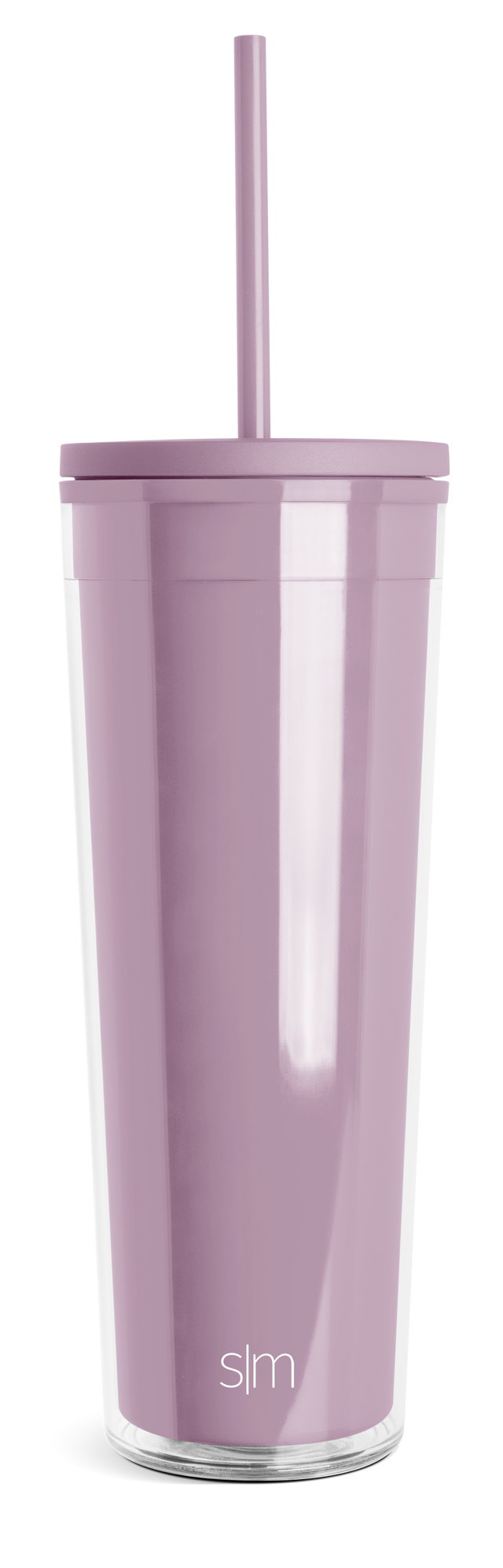 Soft mauve-purple cylindrical tumbler with clear transparent inner chamber and white accents, featuring a modern design for beverage storage and display. Soft mauve-purple cylindrical tumbler with clear transparent inner chamber and white accents, featuring a modern design for beverage storage and display.