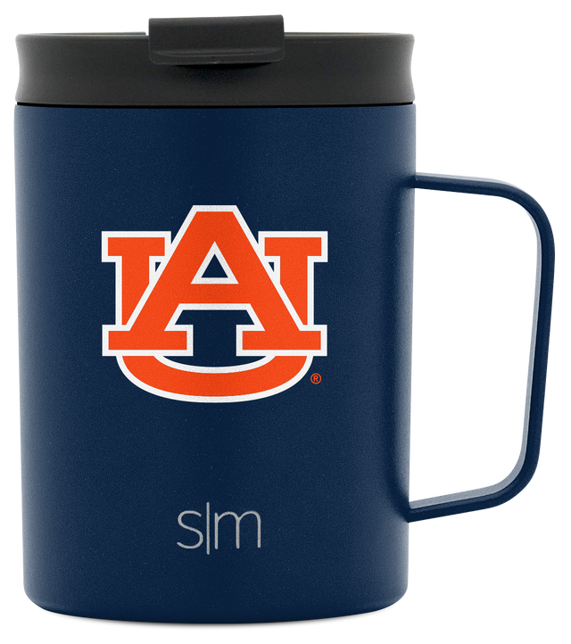 Deep navy blue Auburn University mug with charcoal gray lid and handle, featuring bright Auburn Deep navy blue Auburn University mug with charcoal gray lid and handle, featuring bright Auburn