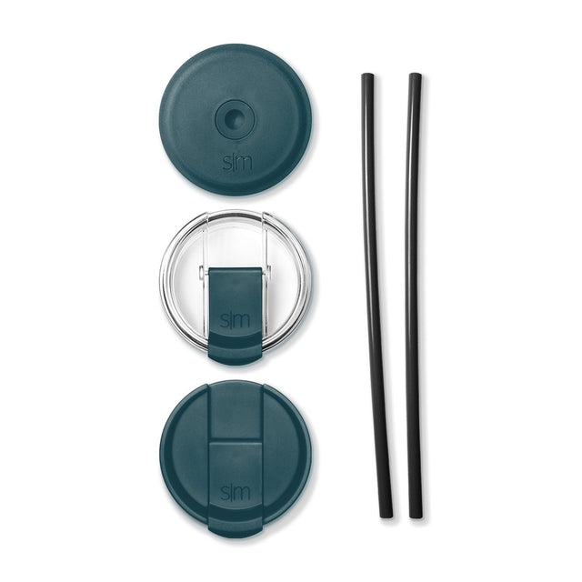 Teal and black reusable straw set with clear transparent case, including multiple straws and cleaning brush accessories. Teal and black reusable straw set with clear transparent case, including multiple straws and cleaning brush accessories.