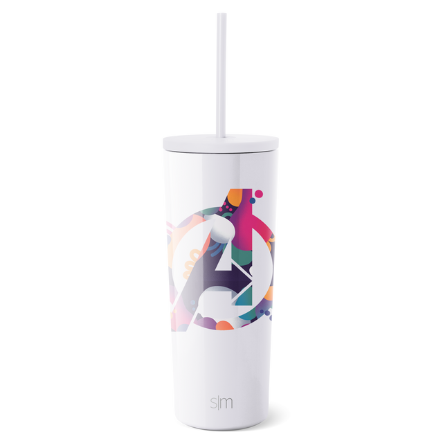 White tumbler with vibrant artistic graphic design wrapped around the middle section White tumbler with vibrant artistic graphic design wrapped around the middle section