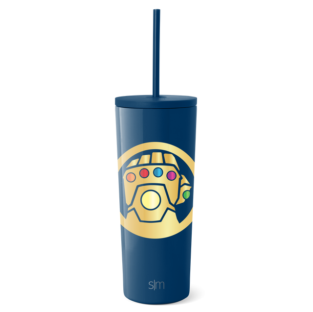 Deep navy blue tumbler with gold circular design element and matching navy blue straw Deep navy blue tumbler with gold circular design element and matching navy blue straw