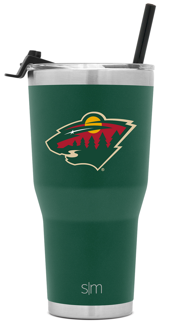 Forest green insulated tumbler with brushed stainless steel rim and base bands, cream and red logo design Forest green insulated tumbler with brushed stainless steel rim and base bands, cream and red logo design