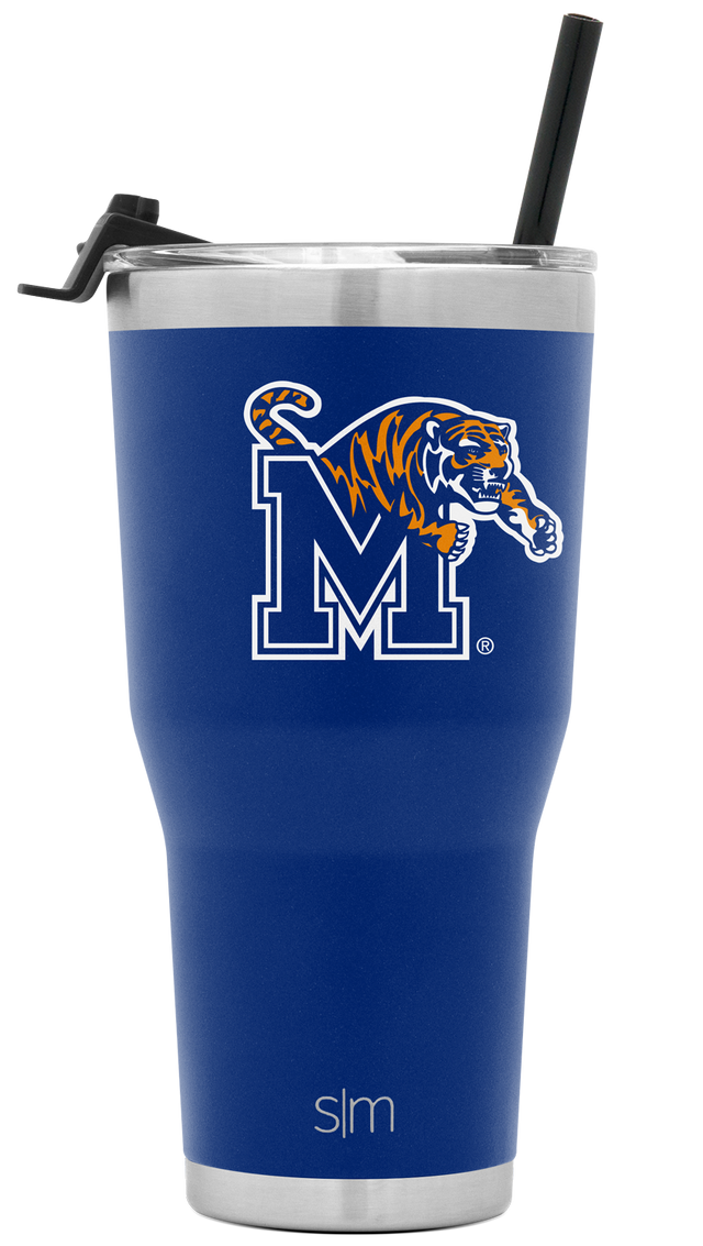 Royal blue stainless steel tumbler with brushed silver-gray banding on upper portion Royal blue stainless steel tumbler with brushed silver-gray banding on upper portion