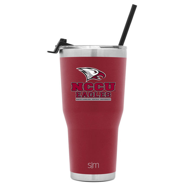 Burgundy tumbler with brushed stainless steel rim, lid, and base band, featuring a black straw Burgundy tumbler with brushed stainless steel rim, lid, and base band, featuring a black straw