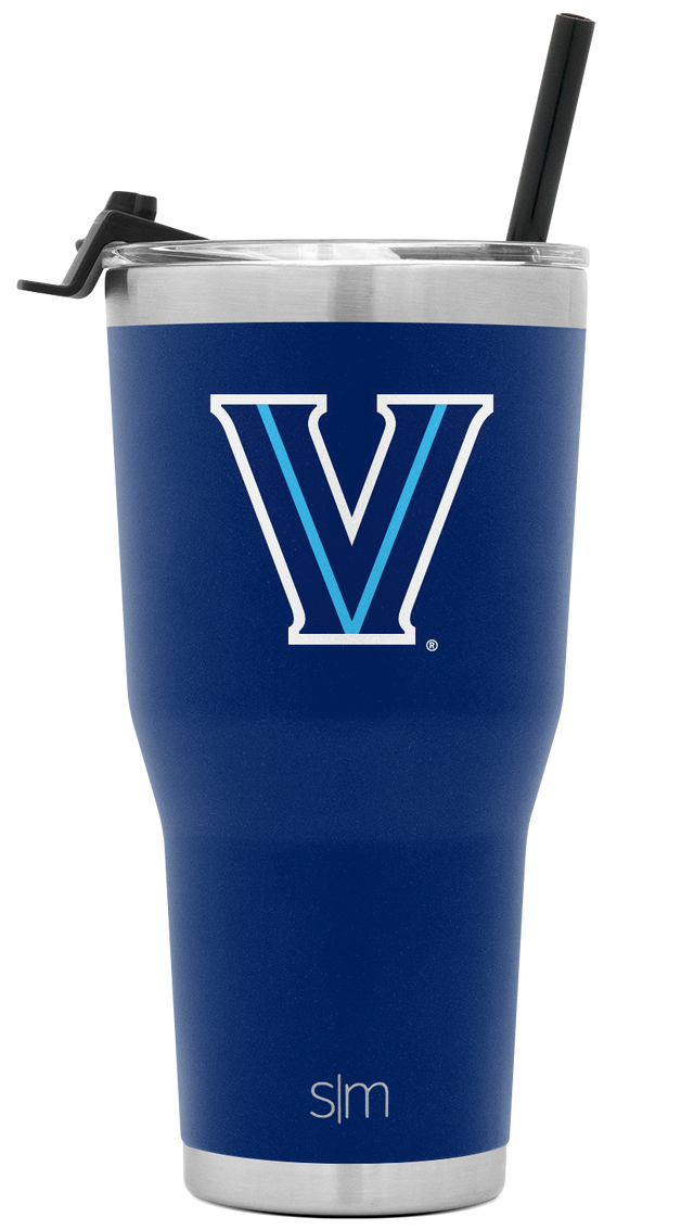 Navy blue insulated tumbler with University of Villanova logo on upper section and navy base Navy blue insulated tumbler with University of Villanova logo on upper section and navy base