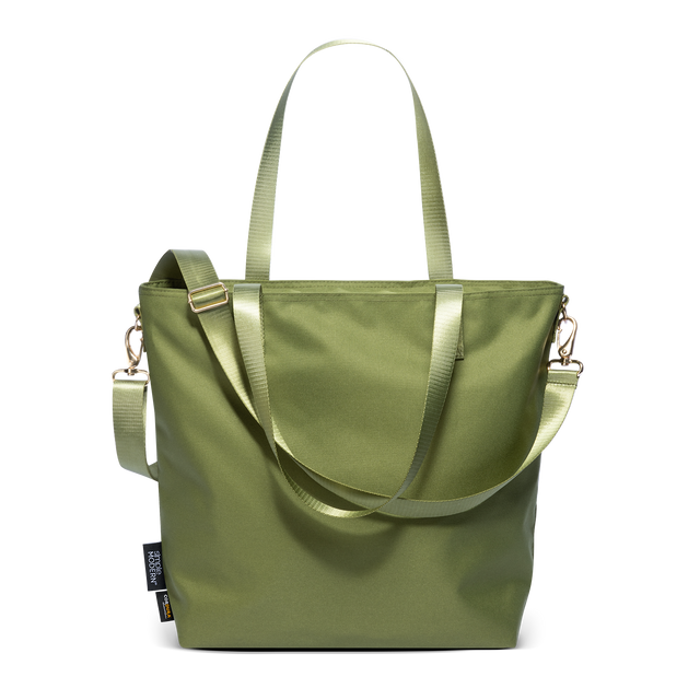 Sage green Harper Tote bag in Cordura fabric with detachable crossbody strap and rose gold hardware, front view on white background Sage green Harper Tote bag in Cordura fabric with detachable crossbody strap and rose gold hardware, front view on white background