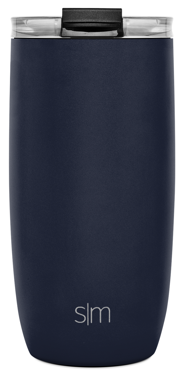 Navy blue insulated tumbler with matte finish and cylindrical shape, featuring a tapered design from broad base to narrow top Navy blue insulated tumbler with matte finish and cylindrical shape, featuring a tapered design from broad base to narrow top