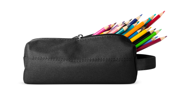 Black pencil case with open top displaying colorful pencils in hot pink, magenta, purple, and navy blue. Black pencil case with open top displaying colorful pencils in hot pink, magenta, purple, and navy blue.