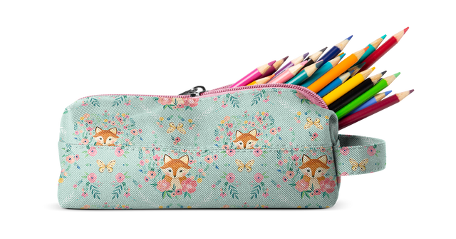 Soft sage green pencil case with colorful floral and animal print accents in coral pink, teal, orange, and navy blue Soft sage green pencil case with colorful floral and animal print accents in coral pink, teal, orange, and navy blue