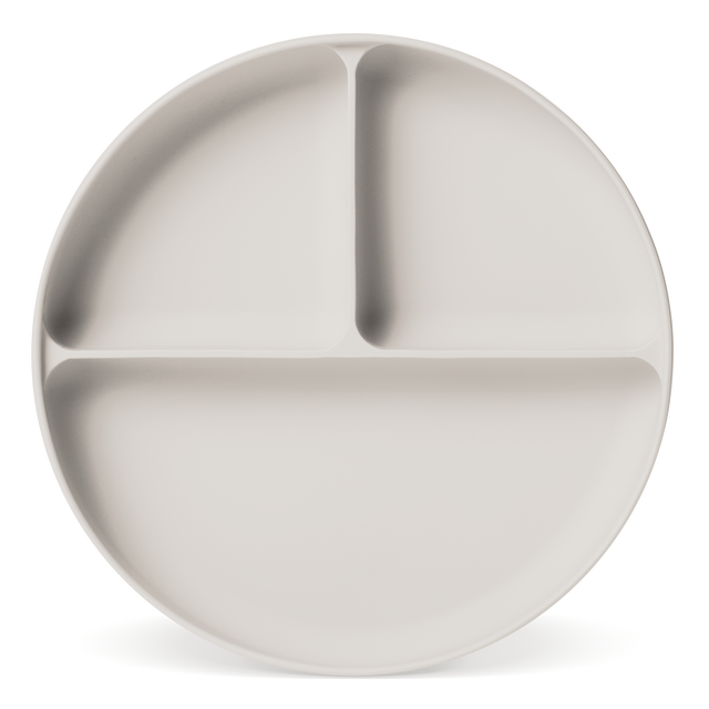 Cream-colored divided plate with three compartments and subtle gray shadows, minimalist design for serving food portions Cream-colored divided plate with three compartments and subtle gray shadows, minimalist design for serving food portions