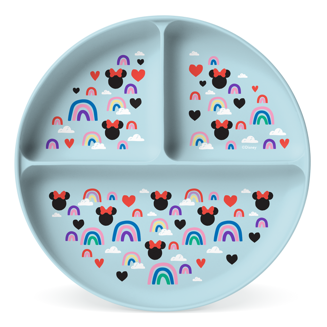 Pale blue-gray compartmented plate with red hearts and black Minnie Mouse head designs Pale blue-gray compartmented plate with red hearts and black Minnie Mouse head designs