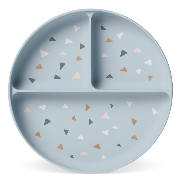 Soft blue-gray decorative plate with small triangle shapes in pale pink, terracotta, charcoal gray, and cream accents Soft blue-gray decorative plate with small triangle shapes in pale pink, terracotta, charcoal gray, and cream accents