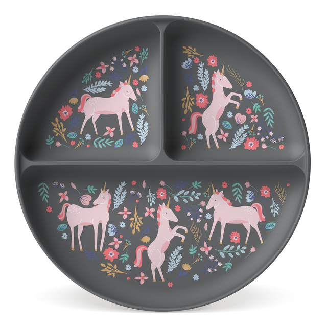 Charcoal gray divided children's plate with soft pink unicorns and coral red and hot pink flowers Charcoal gray divided children's plate with soft pink unicorns and coral red and hot pink flowers