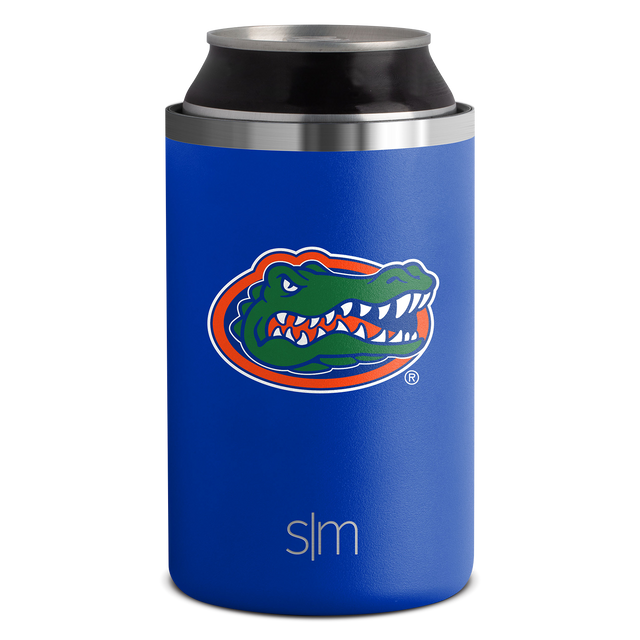 Stainless steel cylindrical can cooler with black interior, silver rim, and vibrant royal blue neoprene sleeve Stainless steel cylindrical can cooler with black interior, silver rim, and vibrant royal blue neoprene sleeve