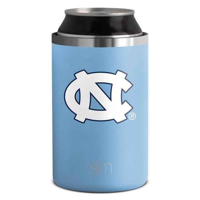 Soft blue cylindrical beverage holder with stainless steel silver bands on top and bottom Soft blue cylindrical beverage holder with stainless steel silver bands on top and bottom