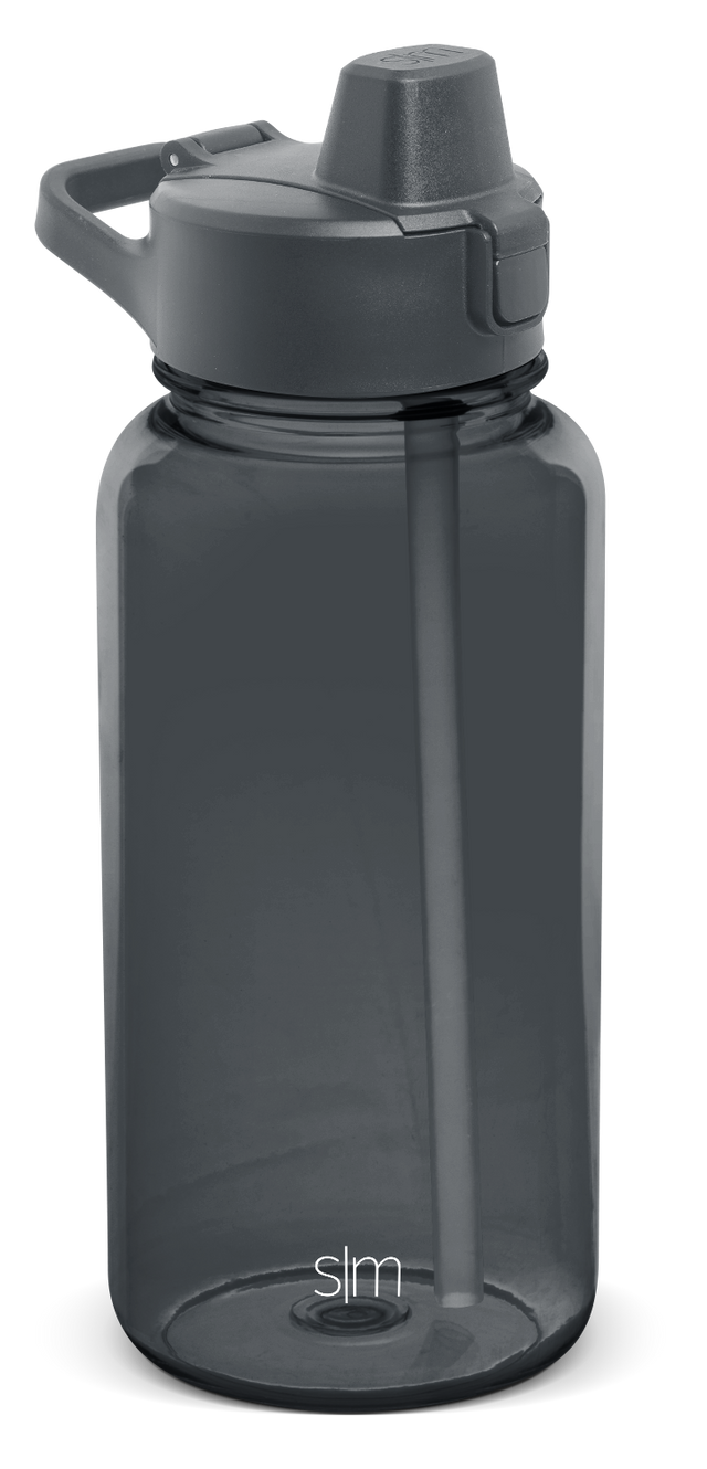 Charcoal gray water bottle with dark gray body and black cap assembly, monochromatic design Charcoal gray water bottle with dark gray body and black cap assembly, monochromatic design