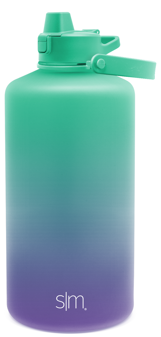 Ombré gradient water bottle transitioning from seafoam green at top through turquoise and teal to deep purple at bottom. Ombré gradient water bottle transitioning from seafoam green at top through turquoise and teal to deep purple at bottom.