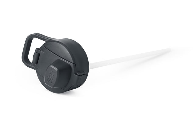 Charcoal gray plastic lid with translucent white straw extending to the right Charcoal gray plastic lid with translucent white straw extending to the right