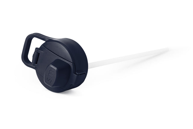 Navy blue reusable straw cover and handle with white straw inserted, product accessory for beverage containers Navy blue reusable straw cover and handle with white straw inserted, product accessory for beverage containers